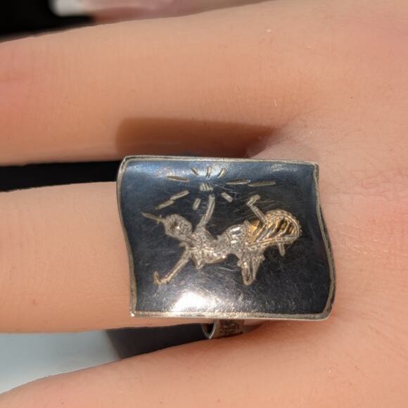 Vintage Siam Niello Thailand Black Enamel Sterling Silver Adjustable Ring - Picture 3 of 8